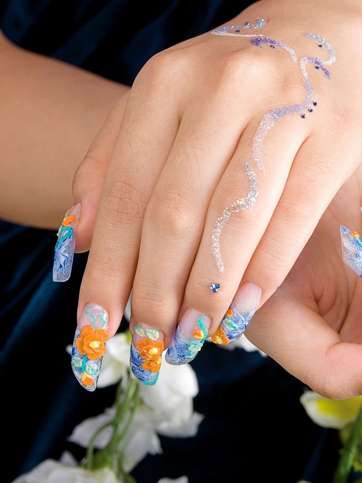 3D floral acrylic nail art at Nails For You